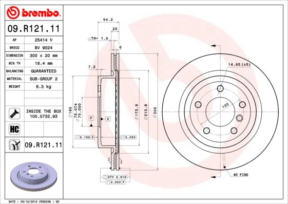 Brembo Coated Disc Line 09.R121.11 Brake Disc/Brake Rotor for BMW Z4 E89 Roadster (2009–2016) – High‑Carbon, Vented, 300mm, 5‑Stud – Anti‑Corrosion OE Replacement Upgrade with Fixing Screws