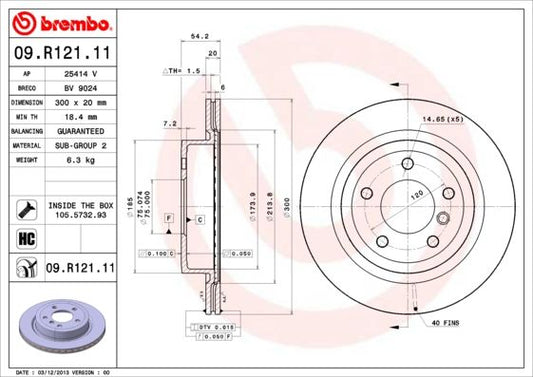 Brembo Coated Disc Line 09.R121.11 Brake Disc/Brake Rotor for BMW Z4 E89 Roadster (2009–2016) – High‑Carbon, Vented, 300mm, 5‑Stud – Anti‑Corrosion OE Replacement Upgrade with Fixing Screws
