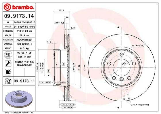 Brembo 09.9173.14 High Carbon HC Brake Disc / Rotor for BMW 5 Series, 310mm x 24mm, Vented 5-Stud/5-Hole, OE Spec Replacement Upgrade, Carbon-Enriched Cast Iron, with Fixing Hardware (Bolts & Screws)