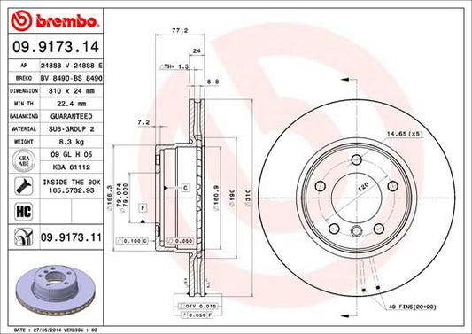 Brembo 09.9173.14 High Carbon HC Brake Disc / Rotor for BMW 5 Series, 310mm x 24mm, Vented 5-Stud/5-Hole, OE Spec Replacement Upgrade, Carbon-Enriched Cast Iron, with Fixing Hardware (Bolts & Screws)