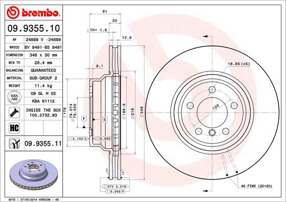 Brembo 09.9355.10 Front Brake Disc/Rotor, High Carbon (HC) Vented 348x30mm, 5-Stud 5x120 for BMW 7 Series E65 E66 E67 (2001-2008) - OE-Quality Replacement, Fixing Screws/Bolts Included