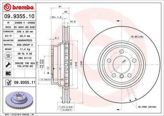 Brembo 09.9355.10 Front Brake Disc/Rotor, High Carbon (HC) Vented 348x30mm, 5-Stud 5x120 for BMW 7 Series E65 E66 E67 (2001-2008) - OE-Quality Replacement, Fixing Screws/Bolts Included