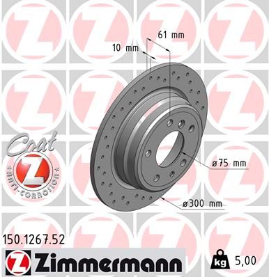 Zimmermann Coat Z 150.1267.52 300mm Drilled (Perforated) Solid Brake Disc/Brake Rotor for BMW 5 Series – High-Carbon, Anti-Rust Coated, German Performance Upgrade, OE-Spec Fit