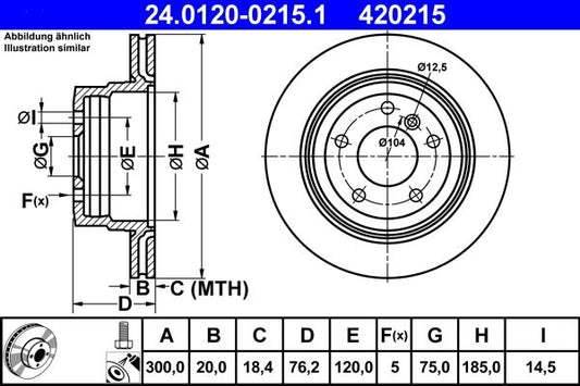 ATE 24.0120-0215.1 (24012002151) Brake Disc / Rotor for BMW 1 Series, 300x20mm 5-Stud - Ventilated, High-Carbon, Anti-Corrosion Coated - OE-Spec Replacement - Fixing Bolts & Screws Included