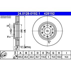 ATE 24.0128-0192.1 Coated Ventilated/Vented Plain Brake Disc Rotor 305x28mm, 5-Hole/5-Stud - Anti-Corrosion/Rust-Resistant Pl