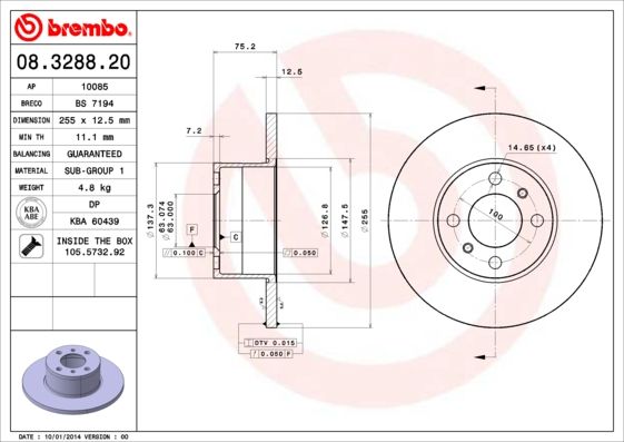 Brembo 08.3288.20 (08328820) 255mm Solid Plain Brake Disc/Brake Rotor, 4-Stud 4-Hole, Non-Vented OE Replacement for BMW 3 Series - Genuine BMW 3 4-Bolt Rotor with Fixing Screws/Bolts Included