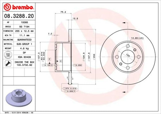 Brembo 08.3288.20 (08328820) 255mm Solid Plain Brake Disc/Brake Rotor, 4-Stud 4-Hole, Non-Vented OE Replacement for BMW 3 Series - Genuine BMW 3 4-Bolt Rotor with Fixing Screws/Bolts Included