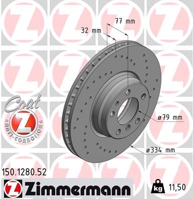 Otto Zimmermann Sport Coat Z 150.1280.52 Brake Rotor/Disc for BMW 7 Series E38 (1994-2001) 334mm - Cross-Drilled, Vented, High-Carbon, Anti-Corrosion - Performance OE Replacement Front