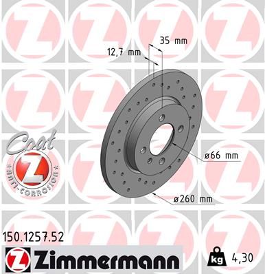 Zimmermann Coat Z Sport Brake Disc Rotor 150.1257.52 for BMW 3 Series – 260mm x 13mm Solid, Cross-Drilled/Perforated, Anti-Corrosion Coated, OE Replacement Performance Upgrade
