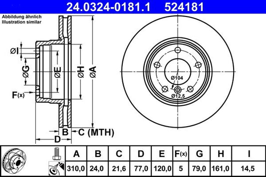 ATE PowerDisc Brake Disc/Rotor 24.0324-0181.1 (24032401811) for BMW 5 Series - 310x24mm Vented Slotted/Grooved, High-Carbon Coated, 5-Stud/5-Hole, With Fixing Screws/Bolts - OE Replacement Upgrade