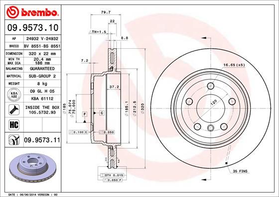 Brembo 09.9573.10 (09957310) Brake Disc/Brake Rotor for BMW X3 E83 2003-2010 | OE Replacement High Carbon (HC) Internally Vented Cast Iron |