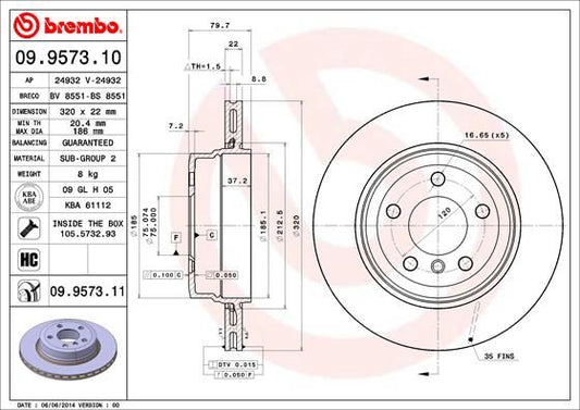 Brembo 09.9573.10 (09957310) Brake Disc/Brake Rotor for BMW X3 E83 2003-2010 | OE Replacement High Carbon (HC) Internally Vented Cast Iron |