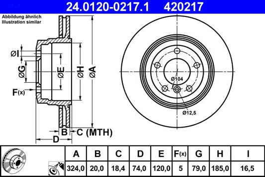 ATE 24.0120-0217.1 Brake Disc / Brake Rotor 324x20mm Vented/Ventilated High Carbon Cast Iron Anti-R
