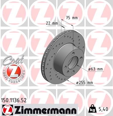 Zimmermann (Zimmerman) Coat Z Sport Brake Disc Rotor 150.1136.52 for BMW 3 Series E21 Saloon/Sedan - Cross Drilled/Perforated & Vented/Ventilated, Anti-Corrosion Coated - 255mm x 22mm Performance Brake Upgrade