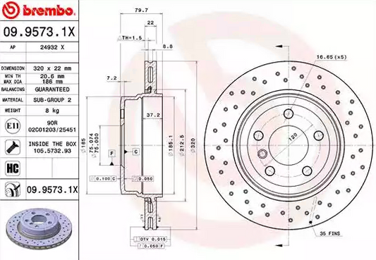 Brembo XTRA Line 09.9573.1X (0995731X) Drilled & Vented High-Carbon Coated Brake Disc/Rotor for BMW X3 E83 (2003-2010) - 320mm x 22mm, 5-Hole, Perforated Performance Upgrade, Direct OE Replacement with Fixing Screws/Bolts