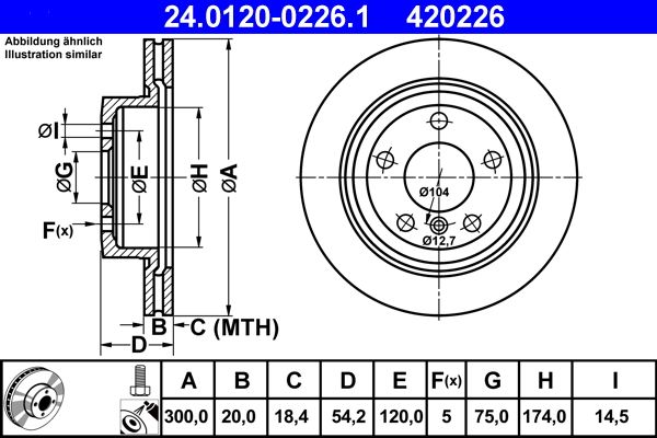 ATE 24.0120-0226.1 Brake Disc for BMW Z4 Roadster (E89), 300mm x 20mm, Vented, High-Carbon Coated Rotor, 5-Hole, Includes Bolts & Screws, OE Quality Replacement