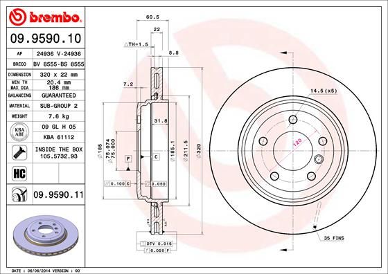 Brembo 09.9590.10 High Carbon (HC) Vented Brake Disc/Brake Rotor 320x22mm for BMW 3 Series Saloon/Touring/Coupe - 5-Stud OE/OEM Spec Replacement - Includes Fixing Bolts/Screws - Performance Upgrade