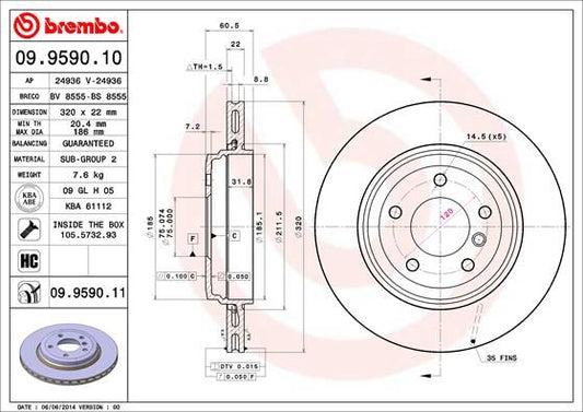 Brembo 09.9590.10 High Carbon (HC) Vented Brake Disc/Brake Rotor 320x22mm for BMW 3 Series Saloon/Touring/Coupe - 5-Stud OE/OEM Spec Replacement - Includes Fixing Bolts/Screws - Performance Upgrade