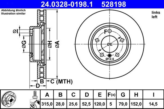 ATE PowerDisc 315mm x 28mm Slotted/Grooved Vented High-Carbon Coated Brake Disc/Brake Rotor for BMW 3 Series, 5 Stud – 24.0328-0198.1 – Performance OE Replacement, Bolts/Screws Included