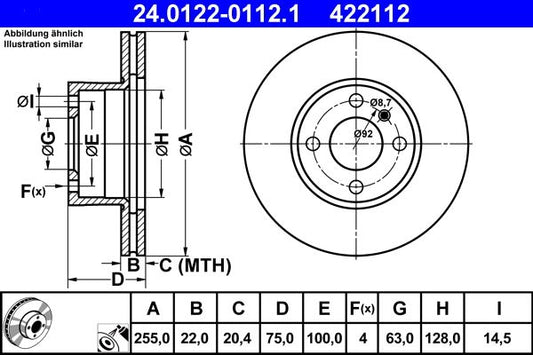 ATE 24.0122-0112.1 Coated Vented Brake Disc Rotor 255mm x 22mm 4-Stud 4-Bolt for BMW 3 Series E21 Saloon/Sedan 1975-1983 | Anti-Corrosion OE Spec Replacement | Classic BMW 3er E21 Plated Vented Disc