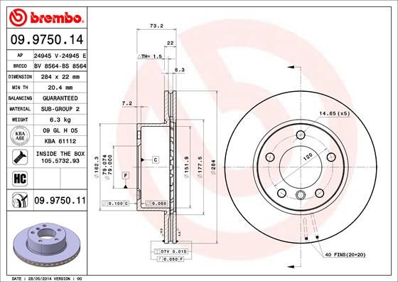 Brembo 09.9750.14 Front Brake Disc/Rotor for BMW 1 Series - 284mm x 22mm High-Carbon Vented, 5-Stud - OE/OEM Direct-Fit Replacement Performance Upgrade - Includes Fixing Bolts/Screws