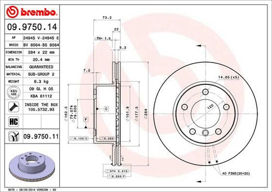 Brembo 09.9750.14 Front Brake Disc/Rotor for BMW 1 Series - 284mm x 22mm High-Carbon Vented, 5-Stud - OE/OEM Direct-Fit Replacement Performance Upgrade - Includes Fixing Bolts/Screws