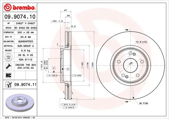 Brembo 09.9869.80 High-Carbon Vented Brake Disc / Rotor 294x19mm for BMW Z4 - OE/OEM Direct-Fit Replacement, Internally Vented, 5-Stud 5-Hole, Fixing Bolts & Screws Included