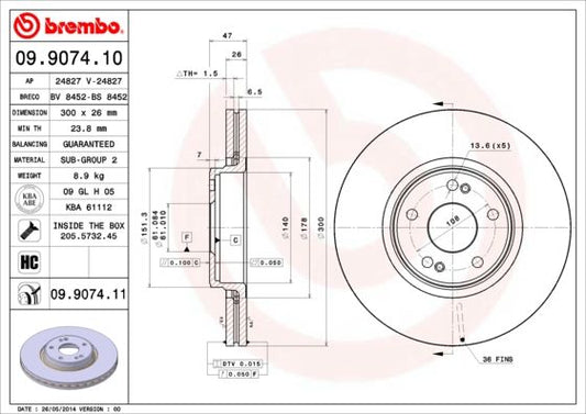 Brembo 09.9869.80 High-Carbon Vented Brake Disc / Rotor 294x19mm for BMW Z4 - OE/OEM Direct-Fit Replacement, Internally Vented, 5-Stud 5-Hole, Fixing Bolts & Screws Included
