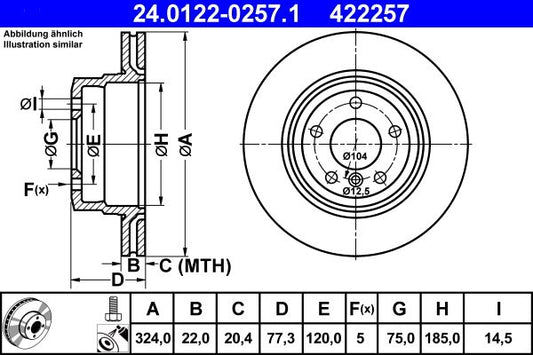 ATE 24.0122-0257.1 Brake Disc / Rotor for BMW 1 Series, 324mm Vented High-Carbon Coated, 5-Hole | OE-Spec Direct Fit Replacement | Anti-Corrosion | Includes Fixing Bolts & Screws | 24.01220257.1, 24012202571
