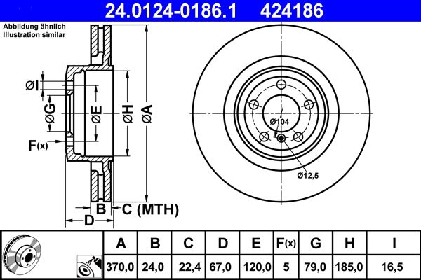 ATE 24.0124-0186.1 Front Brake Disc/Rotor 370mm for BMW 7 Series E65 E66 E67 – Vented (Ventilated), Coated High‑Carbon | OEM/OE Quality Replacement 370x24mm 5‑Stud