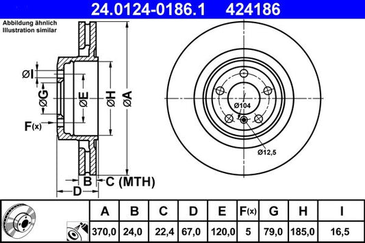 ATE 24.0124-0186.1 Front Brake Disc/Rotor 370mm for BMW 7 Series E65 E66 E67 – Vented (Ventilated), Coated High‑Carbon | OEM/OE Quality Replacement 370x24mm 5‑Stud