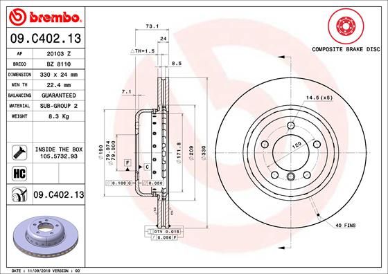 Brembo 09.C402.13 High Carbon Coated Vented Brake Disc/Brake Rotor 330x24mm for BMW Z4 E89 Roadster 2009–2016 | OE Spec Direct Fit Replacement | 5-Hole | Mounting Bolts Included
