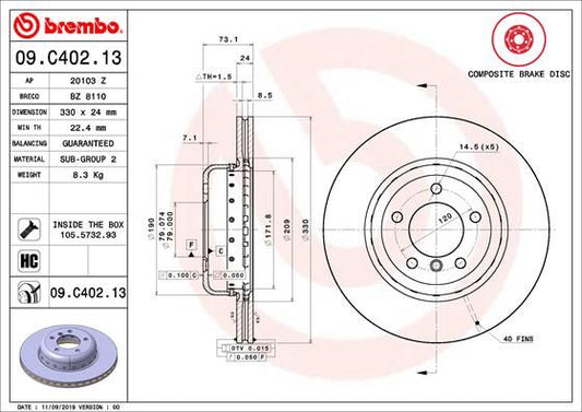 Brembo 09.C402.13 High Carbon Coated Vented Brake Disc/Brake Rotor 330x24mm for BMW Z4 E89 Roadster 2009–2016 | OE Spec Direct Fit Replacement | 5-Hole | Mounting Bolts Included