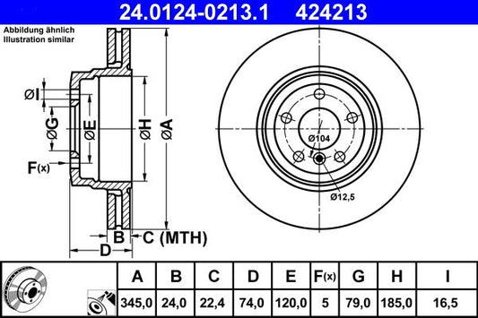 ATE 24.0124-0213.1 Brake Disc Rotor for BMW 7 Series E65 E66 E67 (7er) 2001-2008 - Vented, Coated High-Carbon - 345 x 24mm - 5-Stud/5-Hole - OEM