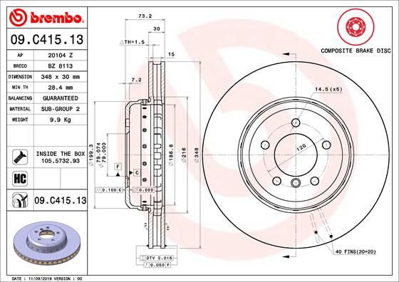 Brembo 09.C415.13 Front Brake Disc / Brake Rotor for BMW Z4 E89 Roadster (2009-2016) | 348mm x 30mm High Carbon | Internally Vented | Anti-Corrosion Coated | 5-Stud | OEM Quality Replacement with Fixing Bolts