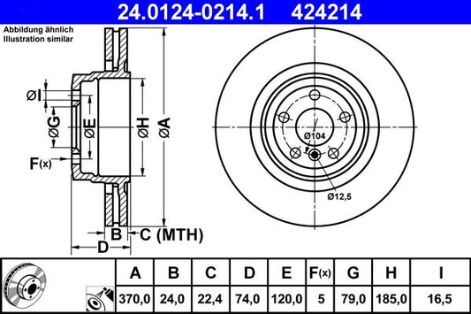 ATE 24.0124-0214.1 Disc Brake Rotor/Brake Disc for BMW 7 Series E65 E66 E67 (2001-2008) - 370mm x 24mm, Vented, High-Carbon, Coated, 5-Hole - OE Quality Replacement Upgrade