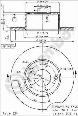 Brembo 08.3712.10 Brake Disc Rotor for BMW 5 Series (E12) Saloon - Solid 280mm x 12.7mm, 5-Hole - OE Replacement - Includes Bolts & Screws