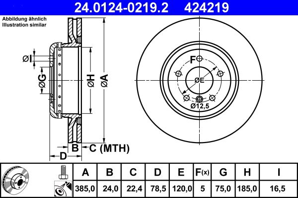 ATE 24.0124-0219.2 Brake Disc for BMW X6 (E71, E72) 385mm Two-Piece Vented High-Carbon Coated Rotor with Bolts/Screws