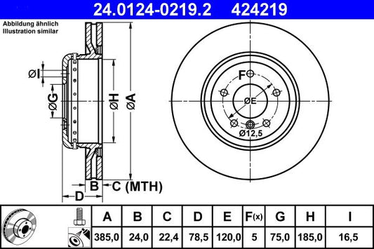 ATE 24.0124-0219.2 Brake Disc for BMW X6 (E71, E72) 385mm Two-Piece Vented High-Carbon Coated Rotor with Bolts/Screws