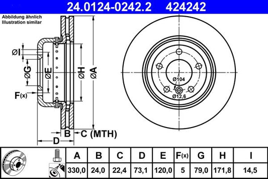 ATE 24.0124-0242.2 330mm Brake Disc / Rotor 330x24, 2-Piece Vented High-Carbon Composite, Anti-Corrosion Coated with Fixing Bolts & Screws for BMW Z4 Roadster E89 (2009-2016) - OE Spec Replacement & Performance Upgrade