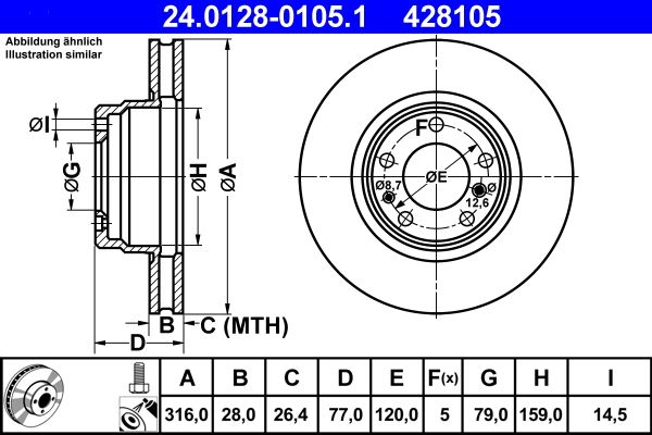 ATE 24.0128-0105.1 Brake Disc / Rotor for BMW 7 Series E38 (7er, 1994-2001) - 316x28mm Vented, High-Carbon, Anti-Corrosion Coated, 5-Stud, Includes Bolts/Screws - OE-Quality Replacement, Direct Fit