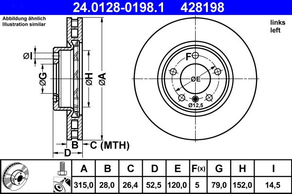 ATE 24.0128-0198.1 BMW 3 Series Brake Disc/Rotor - 315mm (315x28) Ventilated HC High-Carbon, Coated Anti-Corrosion, 5-Stud/5-Hole, OE/OEM Replacement with Fixing Screws