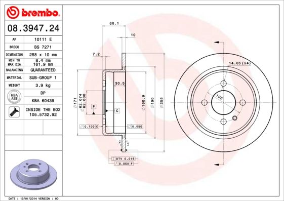 Brembo 08.3947.24 Brake Disc/Brake Rotor 258x10mm Solid Plain, 4-Stud/4-Hole, OE/OEM Replacement for BMW 3 Series - Includes Fixing Bolts & Screws