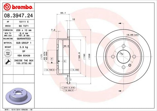 Brembo 08.3947.24 Brake Disc/Brake Rotor 258x10mm Solid Plain, 4-Stud/4-Hole, OE/OEM Replacement for BMW 3 Series - Includes Fixing Bolts & Screws