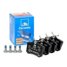 ATE Ceramic Disc Brake Pad Set 13.0470-2820.2 (13047028202) - Low Dust, Quiet Street Performance - For TRW Lucas Sliding Calipers - With Caliper Bolts, No Wear Sensor - OEM Quality Clean Wheels - 52.9 x 87.6 x 17.2 mm