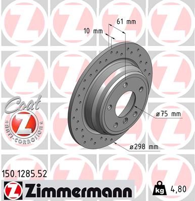 Zimmermann Sport Z Rear Brake Disc/Brake Rotor for BMW 5 Series E39 Saloon/Sedan (1995-2003) - 298x10mm Solid, Cross-Drilled, High Carbon, Coat Z Coated, Anti-Corrosion - Part 150.1285.52