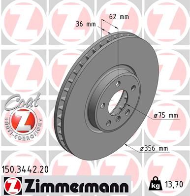 Zimmermann COAT Z Brake Disc 150.3442.20 for BMW X5 (E53)  356x36mm High-Carbon, Internally Vented, Anti-Corrosion Coated Rotor