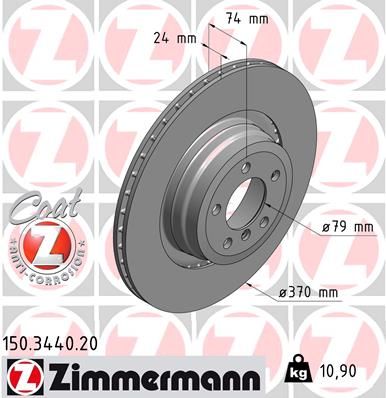 Zimmermann COAT Z Brake Disc Rotor 150.3440.20 for BMW 7 Series E65 E66 E67 (2001-2008) 370mm 370x24 - High Carbon Vented, Anti-Corrosion Coated Hub, OEM-Spec Replacement Upgrade