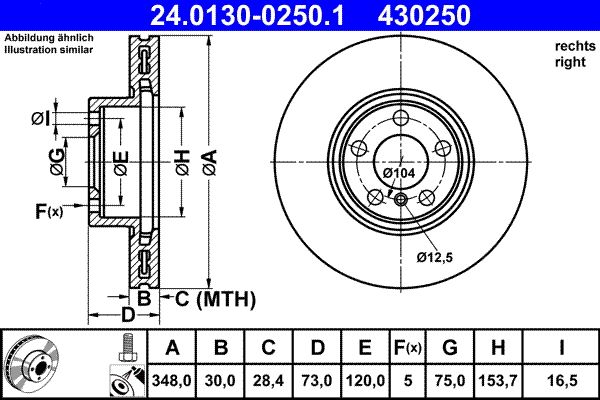ATE 24.0130-0250.1 Coated Vented Brake Disc/Brake Rotor for BMW X4 F26, 348mm x 30mm, 5-Stud 5-Hole, High Carbon OE-Spec Replacement, Anti-Rust Finish, Includes Mounting Bolts & Screws