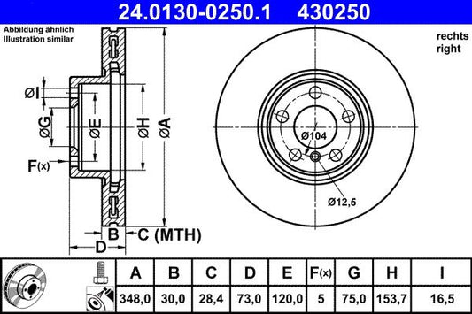 ATE 24.0130-0250.1 Coated Vented Brake Disc/Brake Rotor for BMW X4 F26, 348mm x 30mm, 5-Stud 5-Hole, High Carbon OE-Spec Replacement, Anti-Rust Finish, Includes Mounting Bolts & Screws